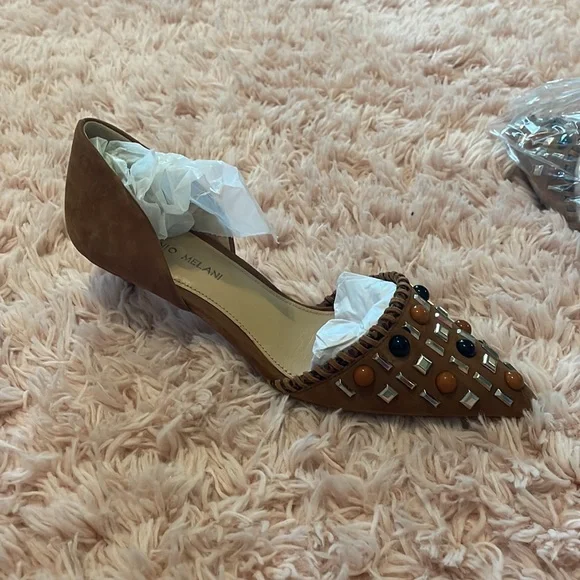 Antonio Melani Vivica Brown Bead Studded Suede Heels - Picture 5 of 8